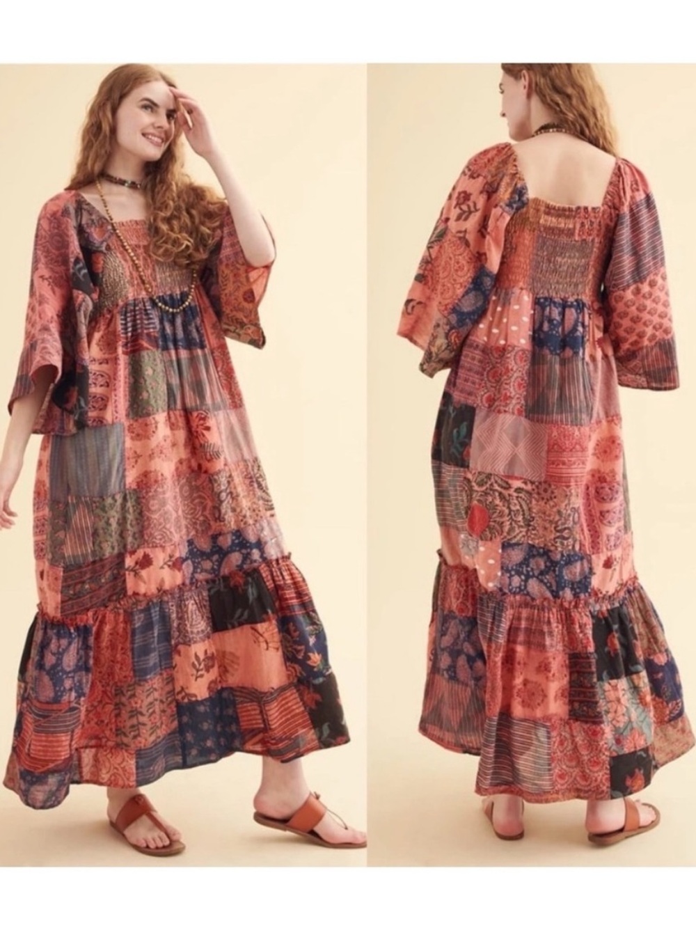 Boho Patchwork Maxi Dress - Peach Multi